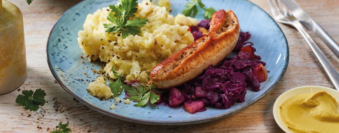 Bratwurst mit Blumenkohl-Kartoffelpüree an Birnen-Rotkohl für 4 Personen von lidl-kochen.de