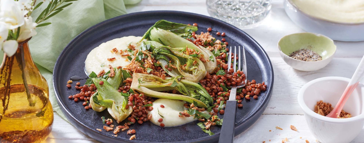 Linsen mit Apfel-Sellerie-Püree, Pak Choi-Salat und Röstzwiebeln für 4 Personen von lidl-kochen.de