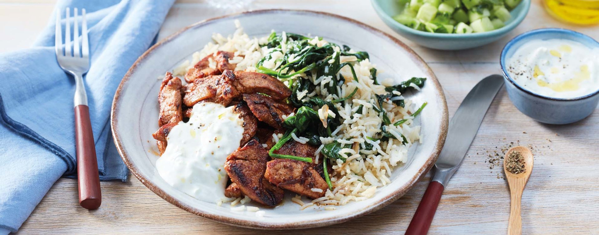 Schweinefiletstreifen mit Spinatreis, Zatziki und Gurken-Minz-Salat für 4 Personen von lidl-kochen.de