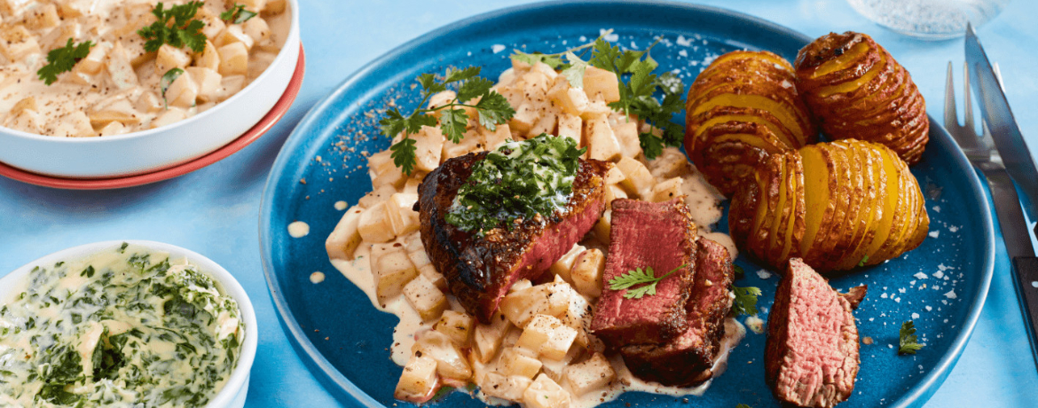 Steaks mit Kräuterbutter, Gemüse vom Kohlrabi und Fächer-Kartoffeln für 4 Personen von lidl-kochen.de