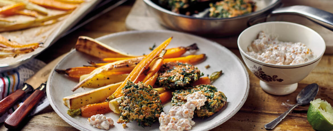 Wurzelgemüse mit Kräuterpuffer und Linsen-Joghurt-Dip für 4 Personen von lidl-kochen.de