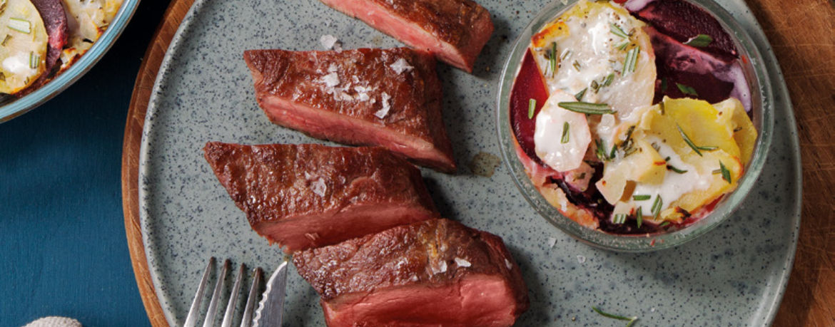 Rinderhüftsteak mit Rote Bete-Kartoffelauflauf für 4 Personen von lidl-kochen.de