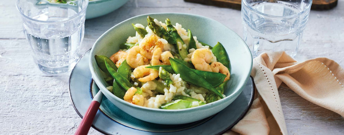 Spargel-Risotto mit Zuckerschoten und gebratenen Garnelen für 4 Personen von lidl-kochen.de