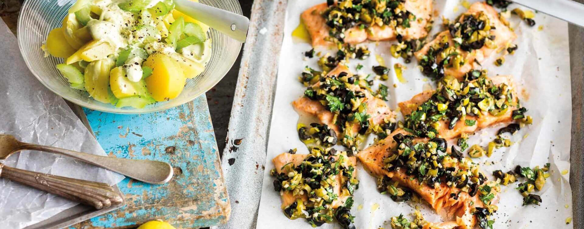 Lachs aus dem Ofen mit Oliven und Avocado-Kartoffelsalat für 4 Personen von lidl-kochen.de