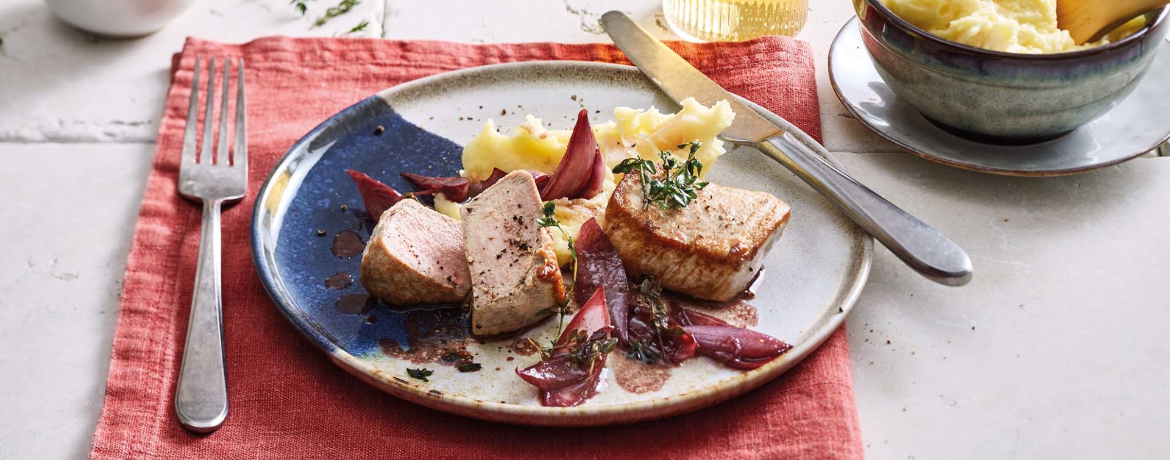 Schweinemedaillons mit Birnen-Kartoffelpüree und Rotwein-Schalotten für 4 Personen von lidl-kochen.de