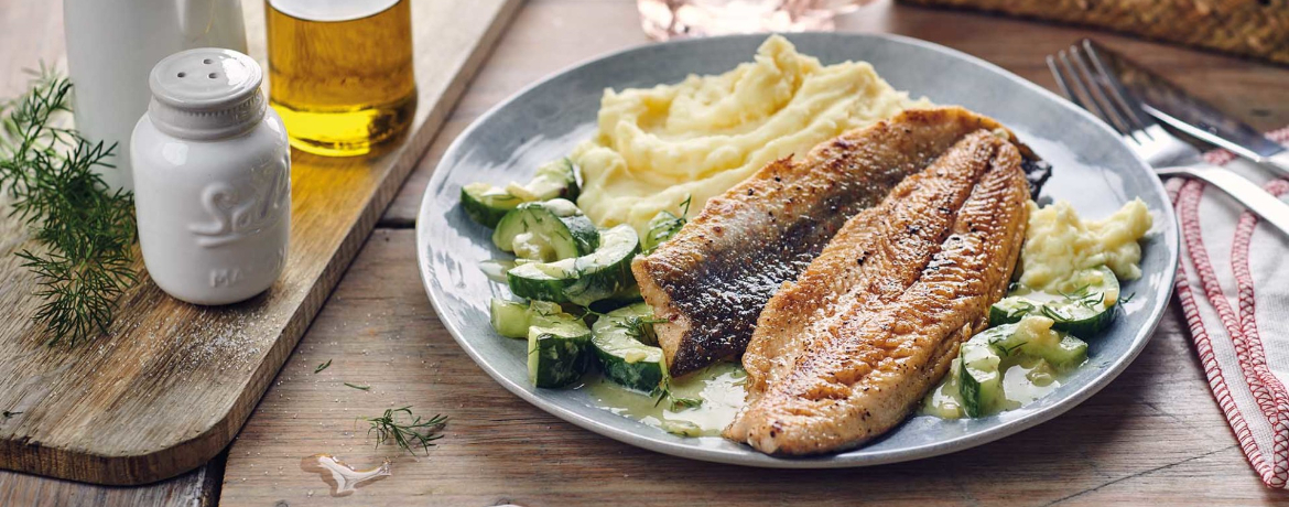 Gebratene Saiblingsfilets mit Schmorgurken und Kartoffelpüree für 4 Personen von lidl-kochen.de