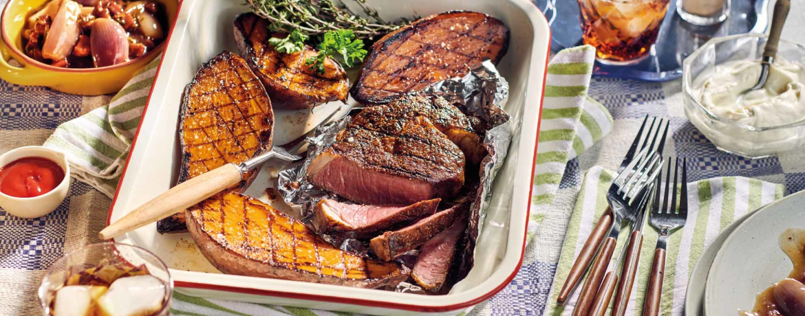 Rib-Eye-Steak mit Süßkartoffeln und Cola-Schalotten für 4 Personen von lidl-kochen.de