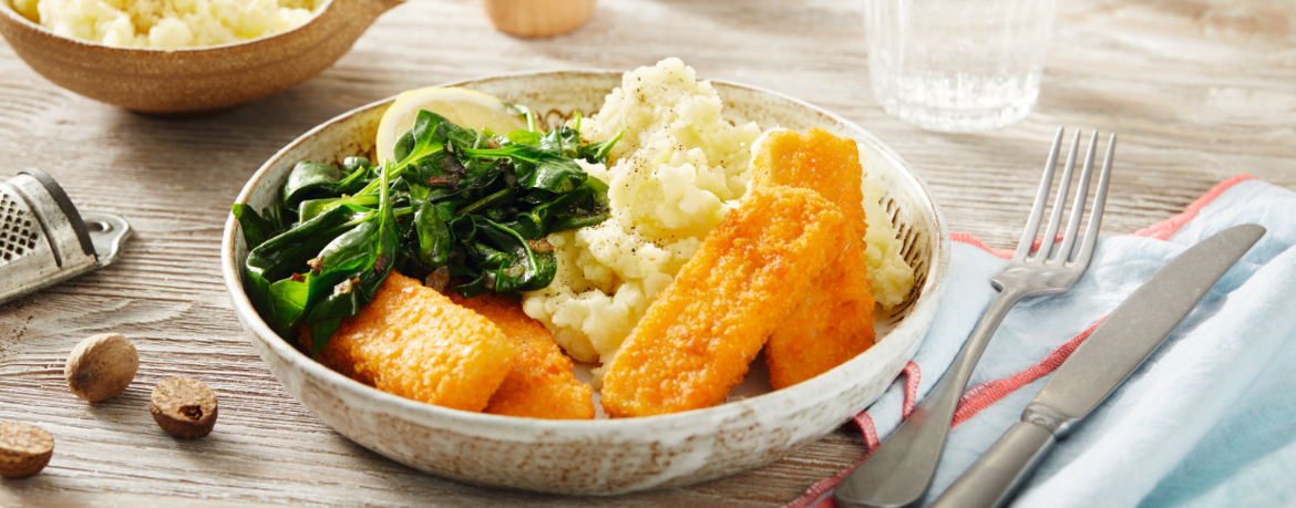 Vegane Fischstäbchen mit Kartoffelpüree und Spinat für 4 Personen von lidl-kochen.de