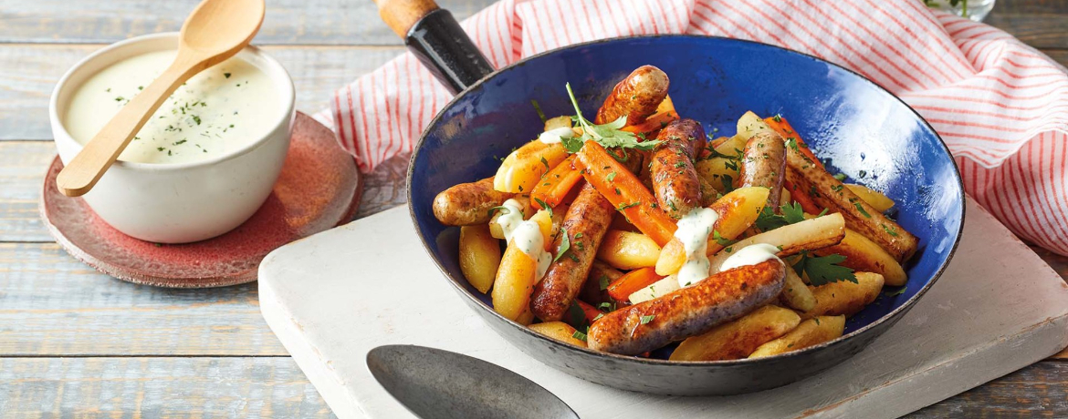 Gemüsepfanne mit Schupfnudeln zu Bratwurst vom Rost und Senf-Kräuter-Dip für 4 Personen von lidl-kochen.de