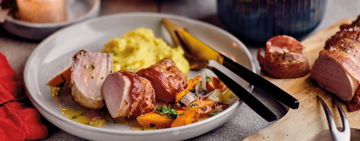 Schweinefilet im Speckmantel mit Kartoffelpüree und Karottengemüse für 4 Personen von lidl-kochen.de