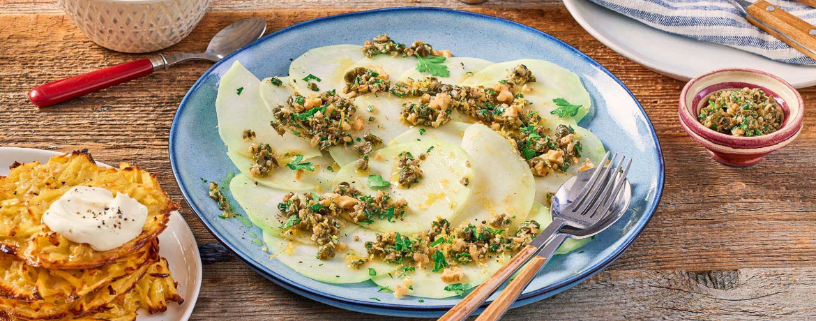 Kartoffelrösti mit Frischkäsedip und Kohlrabi-Carpaccio mit Gremolata für 4 Personen von lidl-kochen.de