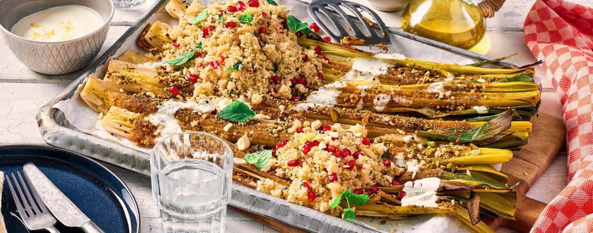 Gebackener Lauch mit Zitronendip und Granatapfel-Minz-Couscous für 4 Personen von lidl-kochen.de