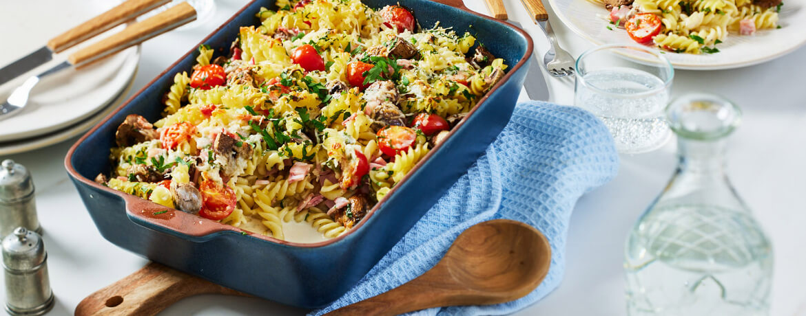 Schinken-Nudel-Auflauf mit Champignons und Tomaten für 4 Personen von lidl-kochen.de