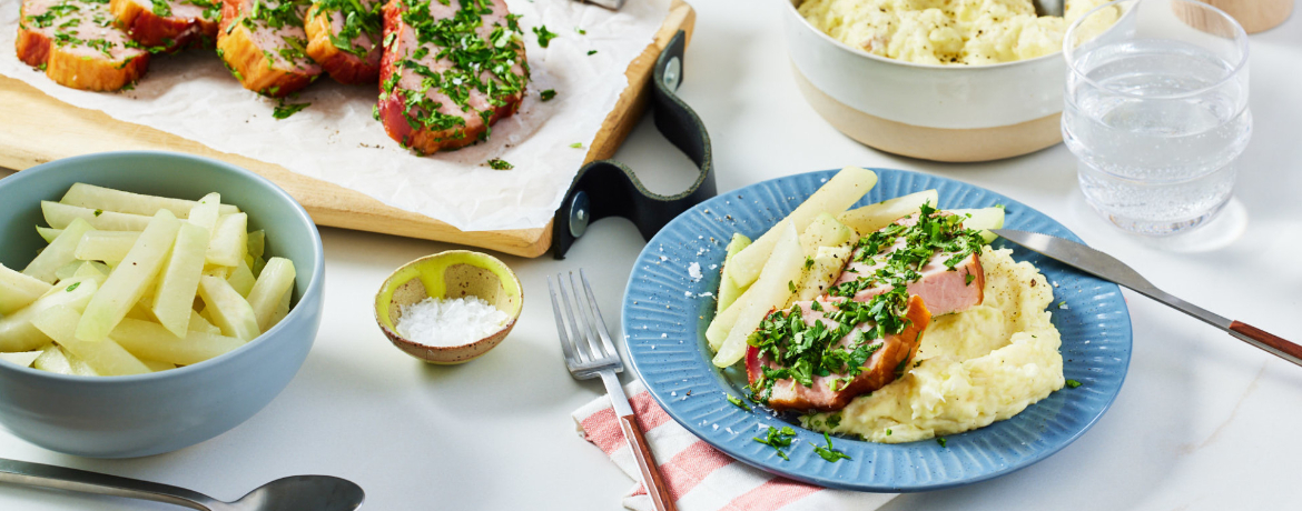 Kasseler im Kräutermantel mit Selleriestampf und Kohlrabi für 4 Personen von lidl-kochen.de