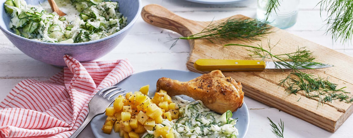 Hähnchenkeulen mit Gurken-Kohlrabi-Salat - Rezept | LIDL Kochen