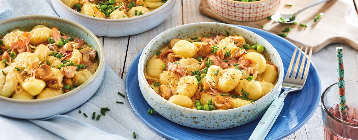 Gnocchi „Carbonara“ mit gekochtem Schinken, Champignons und Erbsen für 4 Personen von lidl-kochen.de