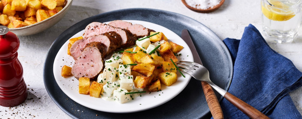 Würziges Schweinefilet mit Kohlrabigemüse und Bratkartoffelwürfeln für 4 Personen von lidl-kochen.de
