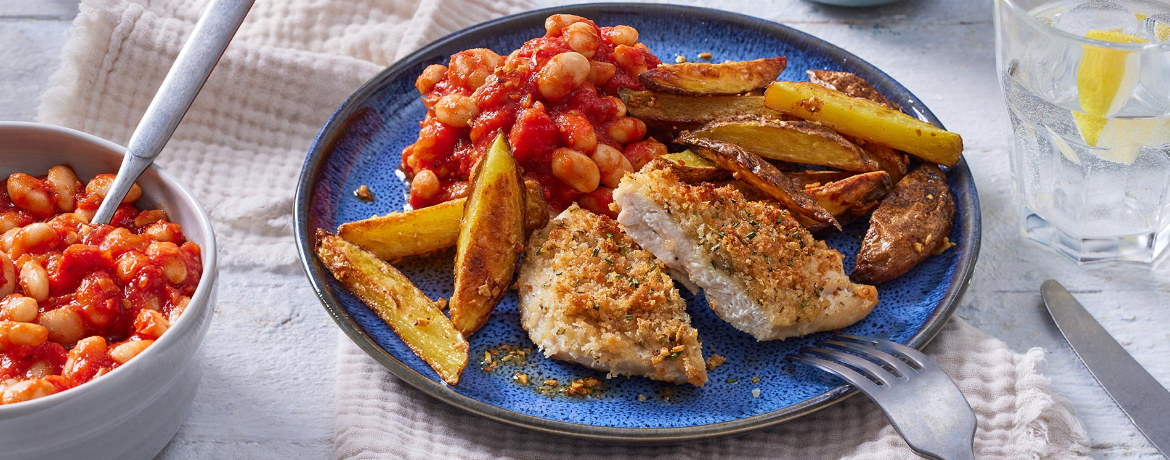 Parmesanhähnchen mit weißen Riesenbohnen al Pomodoro und Knoblauch-Fries für 4 Personen von lidl-kochen.de