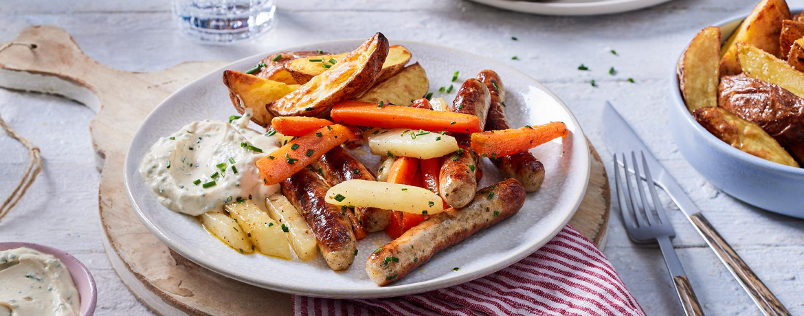 Bratwurst-Gemüse-Pfanne mit Kartoffelwedges und Senf-Schnittlauch-Dip für 4 Personen von lidl-kochen.de