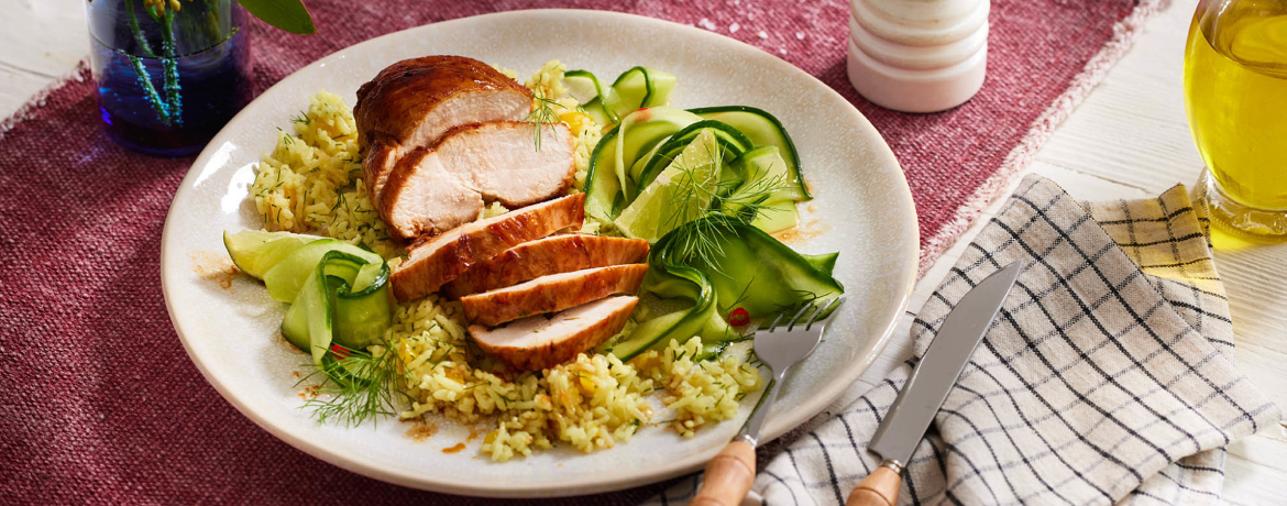 Gelber Paprikapilaw mit Honighähnchen und Gurkensalat für 4 Personen von lidl-kochen.de