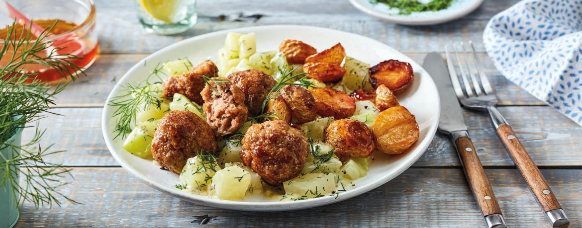 Hackbällchen mit Rahm-Kohlrabi und krossen Honigkartoffeln für 4 Personen von lidl-kochen.de