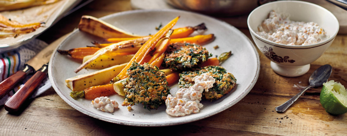 Wurzelgemüse mit Kräuterpuffer und Linsen-Joghurt-Dip für 4 Personen von lidl-kochen.de