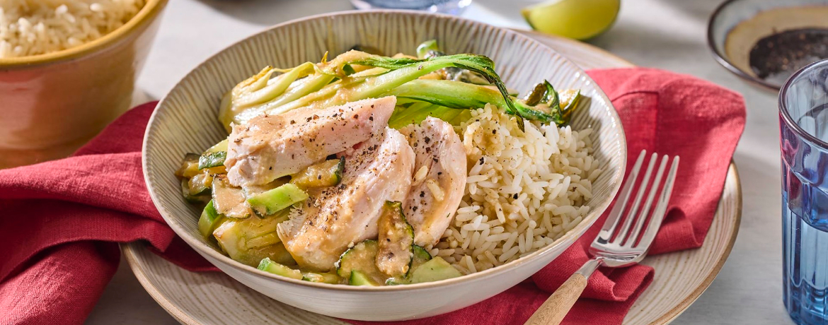 Kokos-Limetten-Hähnchen mit gebratenem Pak Choi und Langkornreis für 4 Personen von lidl-kochen.de