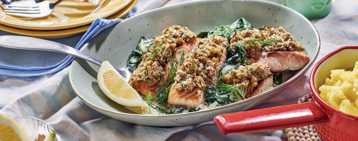 Lachs mit Senfkruste auf Kartoffelpüree mit rahmigen Spinat für 4 Personen von lidl-kochen.de