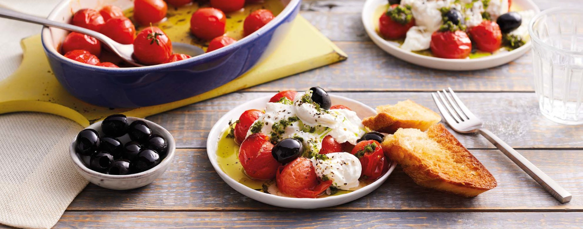 Büffel-Burrata mit gerösteten Tomaten und Oliven an Walnuss-Baguette für 4 Personen von lidl-kochen.de