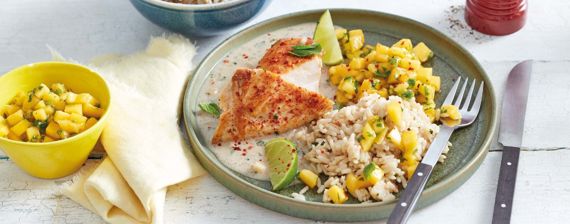 Brasilianisch gebratenes Hähnchen mit marinierter Mango und Kokos-Reis für 4 Personen von lidl-kochen.de