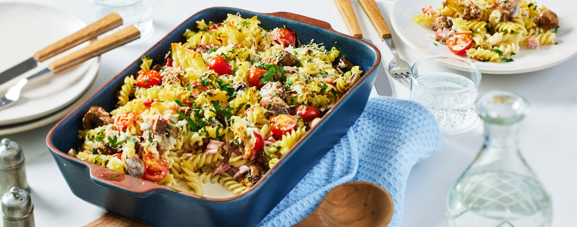 Schinken-Nudel-Auflauf mit Champignons und Tomaten für 4 Personen von lidl-kochen.de