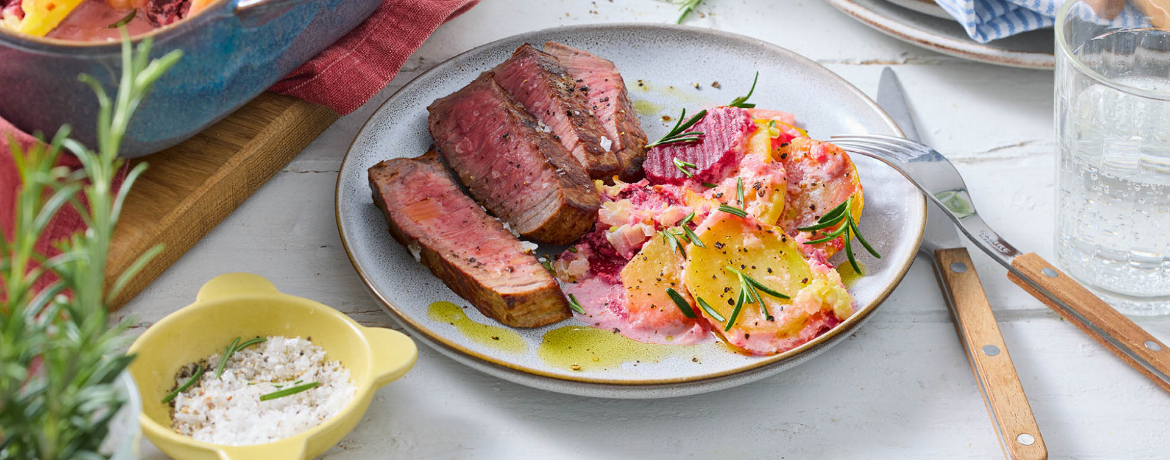 Rinderhüftsteak mit Rote Bete-Kartoffelauflauf für 4 Personen von lidl-kochen.de