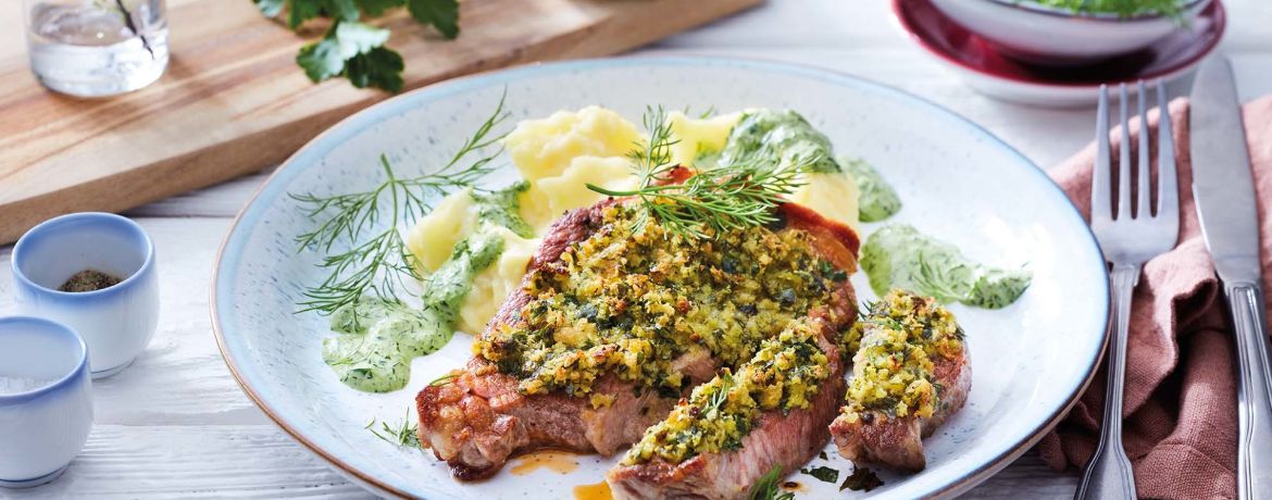 Steaks mit Kruste, Kartoffelpüree und grüner Sauce für 4 Personen von lidl-kochen.de