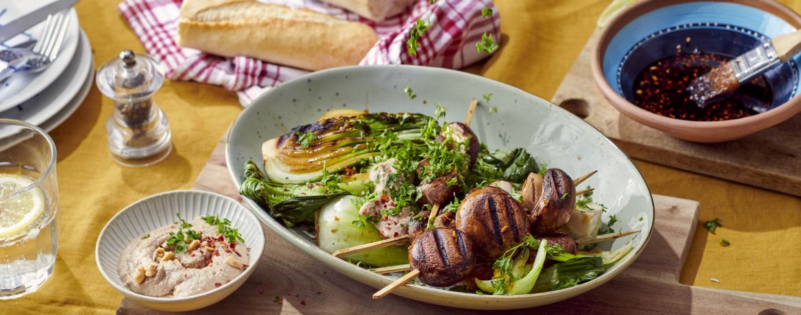 Gegrillte Teriyaki-Champignon-Spieße mit Pak Choi und Erdnusssauce für 4 Personen von lidl-kochen.de