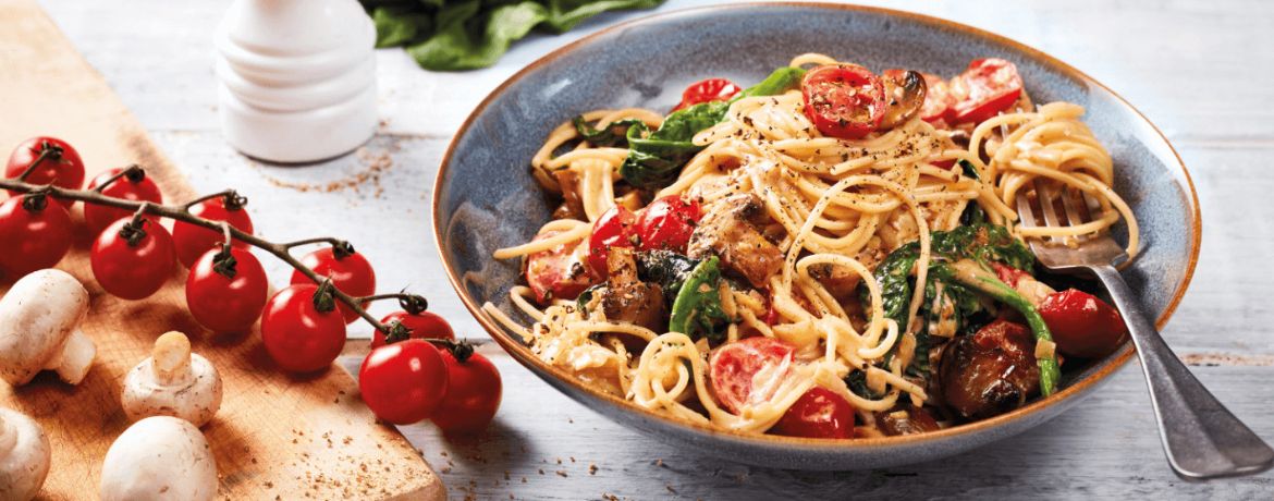 Spaghetti mit Honig-Tomaten, Blattspinat und Champignons für 4 Personen von lidl-kochen.de