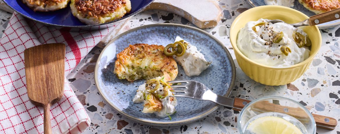 Porree-Reis-Bratlinge mit Ziegenfrischkäse-Oliven-Dip für 4 Personen von lidl-kochen.de