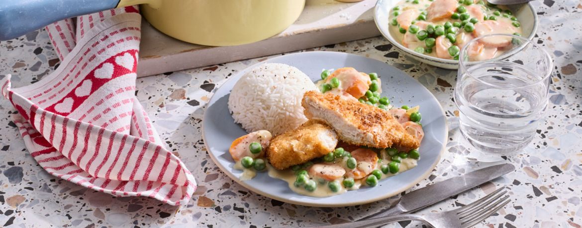 Knusprige Hähnchen-Kokos-Schnitzel mit Rahmgemüse und Reis für 4 Personen von lidl-kochen.de