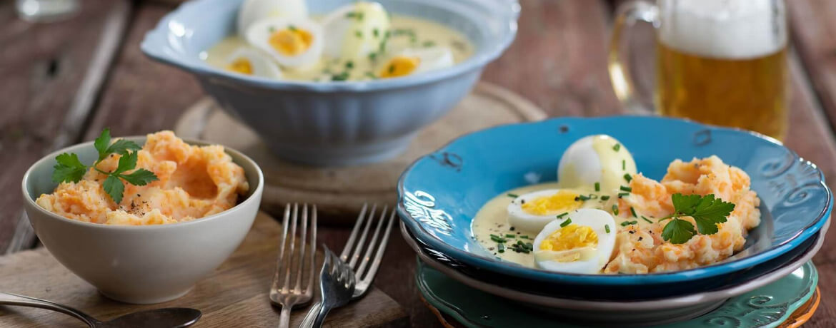 Eier in Senfsoße mit Karotten-Kartoffelpüree | Recipe Cart