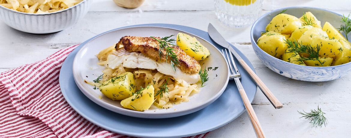 Kabeljau mit Senfkruste, Dill-Kartoffeln und Weißkohl für 4 Personen von lidl-kochen.de