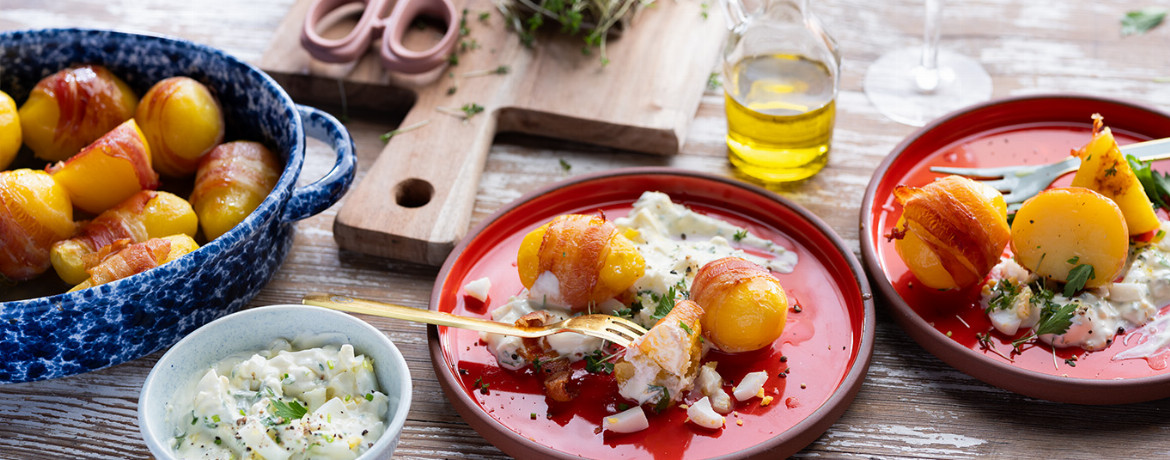 Speck-Kartoffeln mit Kräuter-Ei-Dip für 4 Personen von lidl-kochen.de