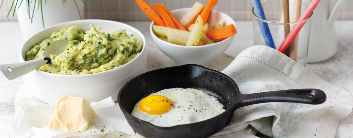 Kräuter-Kartoffelpüree mit Spiegelei und Frühlingsgemüse für 4 Personen von lidl-kochen.de