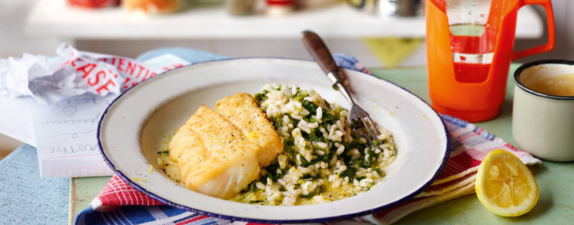 Spinat-Risotto mit gebratenem Seelachs für 4 Personen von lidl-kochen.de