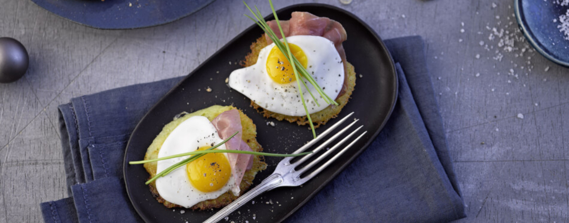 Kartoffelrösti mit Koch-Schinken und Spiegelei für 4 Personen von lidl-kochen.de