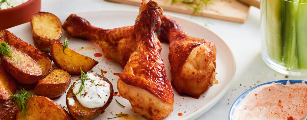 Hähnchen-Schenkel mit Kartoffeln und Quark-Dip - Rezept | LIDL Kochen