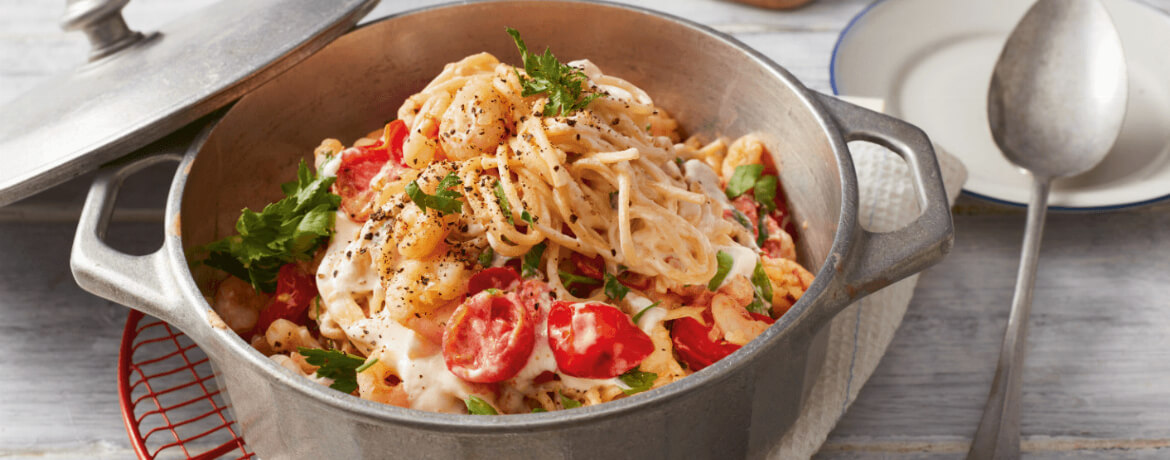 Spaghetti mit Garnelen in Frischkäsesauce für 4 Personen von lidl-kochen.de