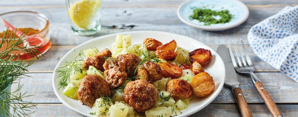 Hackbällchen mit Rahm-Kohlrabi und Honigkartöffelchen für 4 Personen von lidl-kochen.de