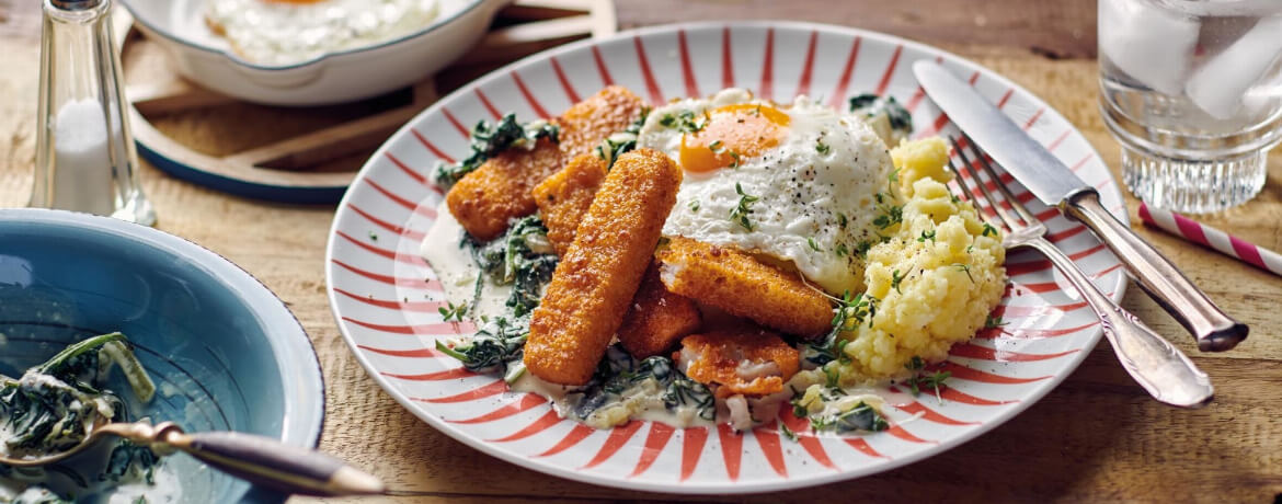 Fischstäbchen mit Kartoffelpüree und Rahmspinat - Rezept | LIDL Kochen