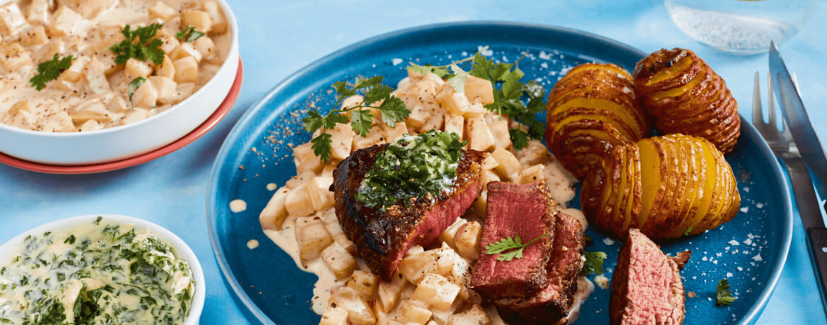 Steaks mit Kräuterbutter, Gemüse vom Kohlrabi und Fächer-Kartoffeln für 4 Personen von lidl-kochen.de