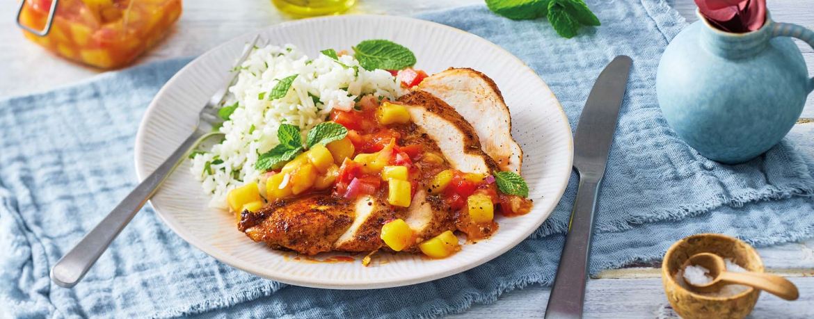 Hähnchen mit Minzreis und Mango-Tomaten-Chutney für 4 Personen von lidl-kochen.de