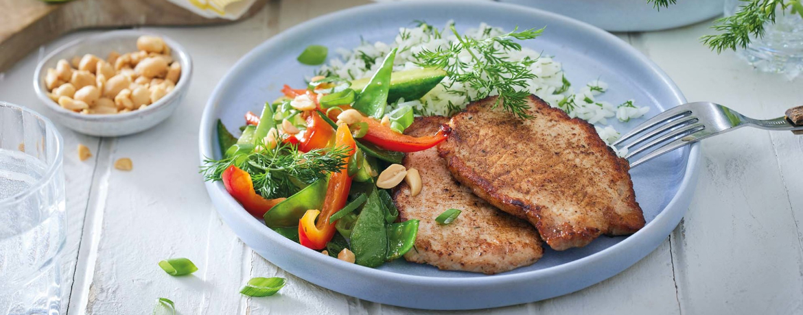 Minutensteaks mit grünem Gemüse aus dem Wok und Dill-Reis für 4 Personen von lidl-kochen.de